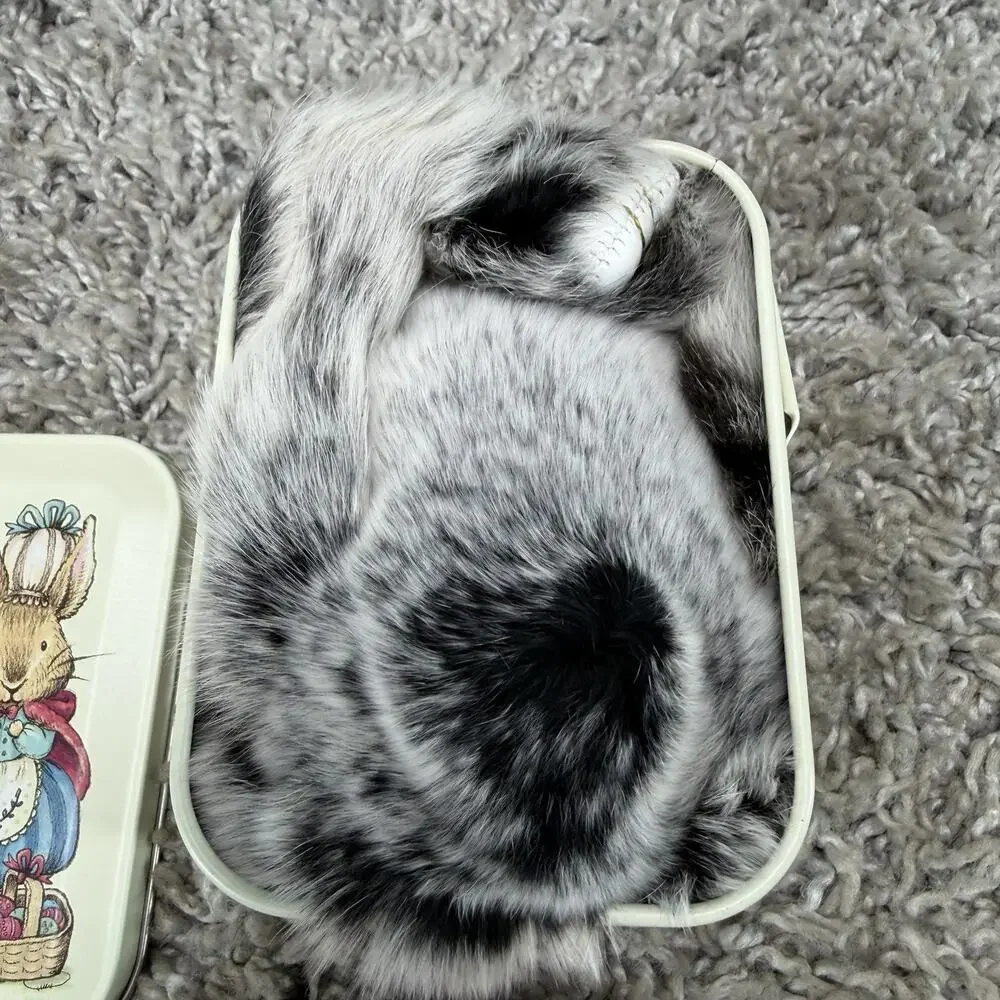 Bunny Lulu Keychain With Tin Bunny Keychain Rabbit Fur Soft Gray Black Brand New